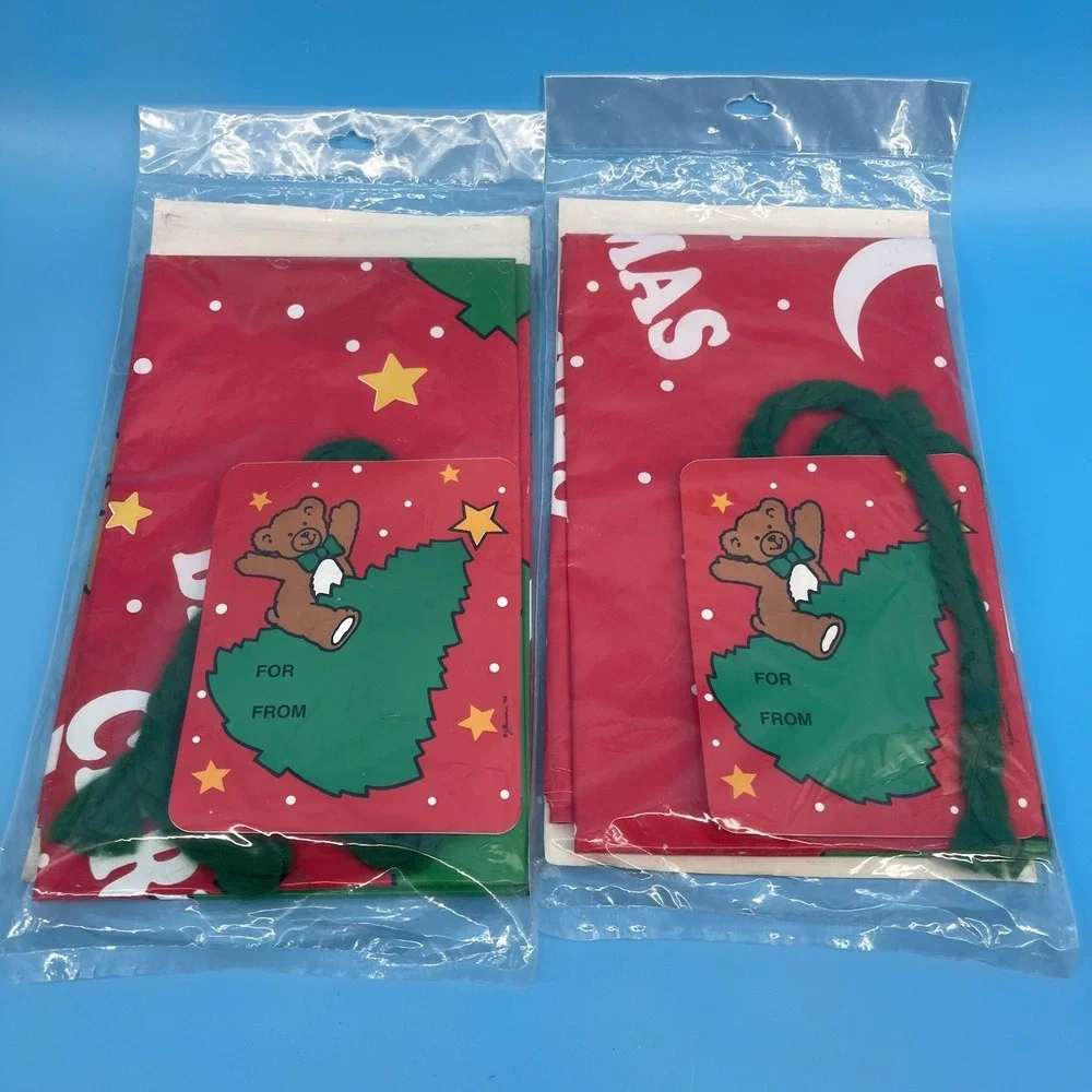 VTG 1995 Christmas Giant Gift Bags Lot of 2 36x44 Bear Gift Wrap NOS